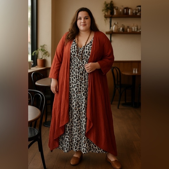 Sweaters - Burnt Orange Long Line Duster Cardigan Biho Cottagecore Layering Plus Size 2X
